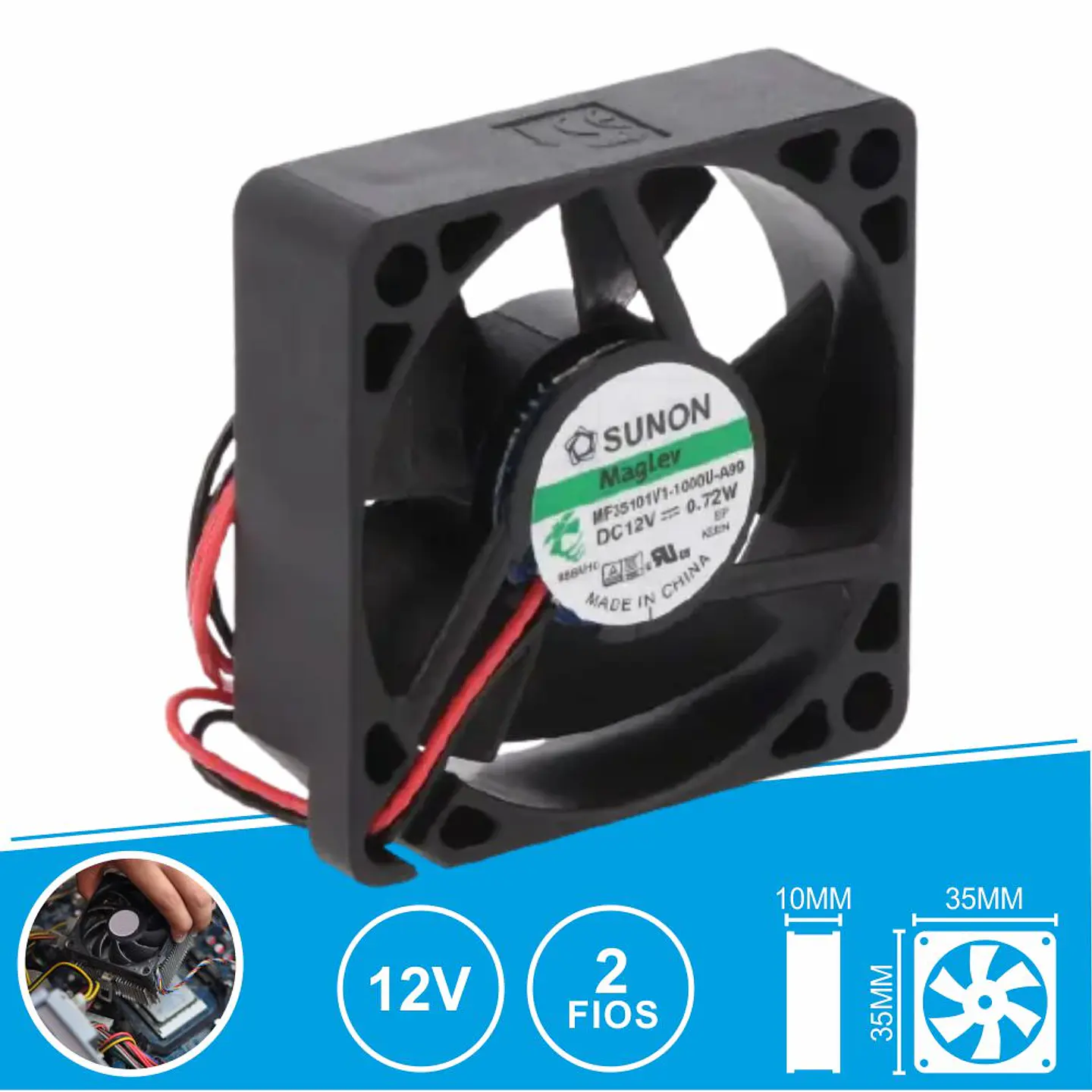 Ventoinha 12VDC 35x35x10mm 2 Fios MF35101V1-1000U-A99 SUNON 1