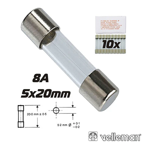 FUSÍVEL 5X20 FUSÃO RÁPIDA 8A (10X) VELLEMAN
