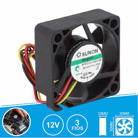 Ventoinha 12VDC 30x30x10mm 3 Fios MF30101V2-1000U-G99 SUNON