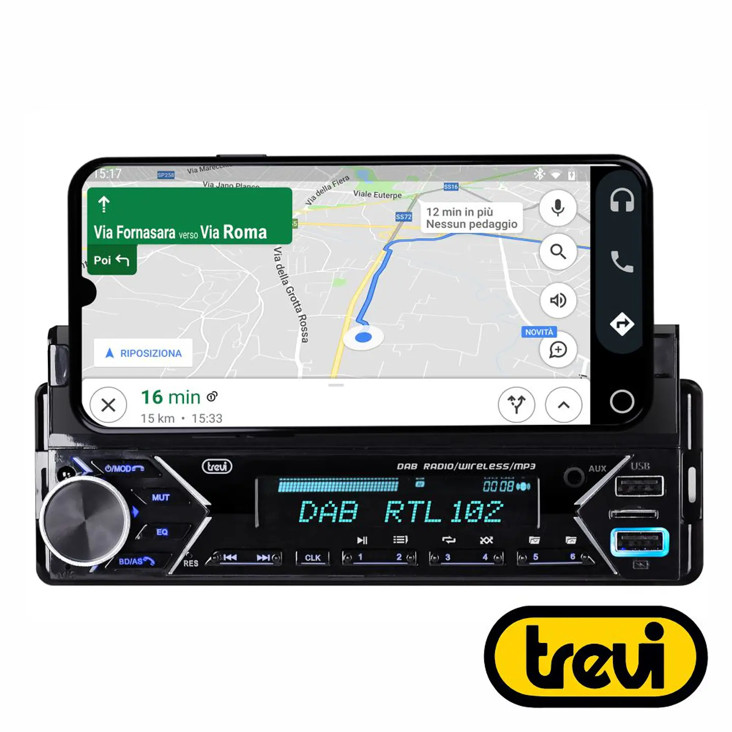 Auto-Rádio FM Mp3 4x40W C/ BT/AUX/USB/DAB C/ Suporte TREVI 1