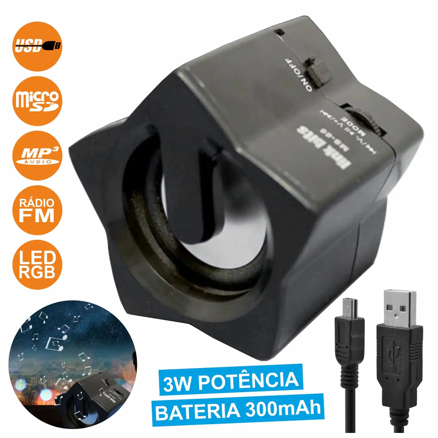 COLUNA PORTÁTIL 3W USB/SD/FM/AUX/BAT LEDS RGB 1