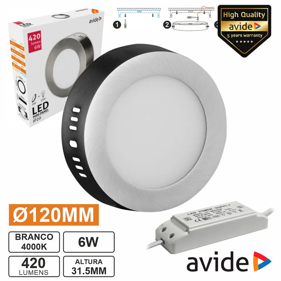 Painel LEDS Redondo Superfície 6W 120mm 4000K 420lm AVIDE 1