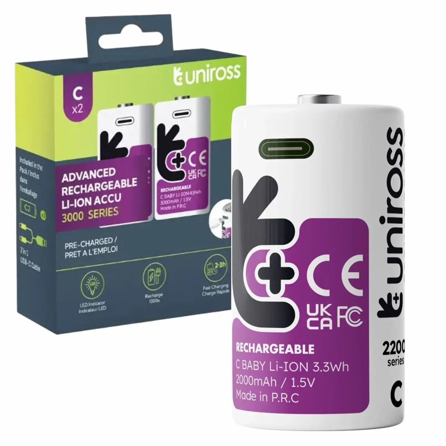 Pilha Recarregável R14 D 1.5V 3000mAh C/ USB-C 2x 1