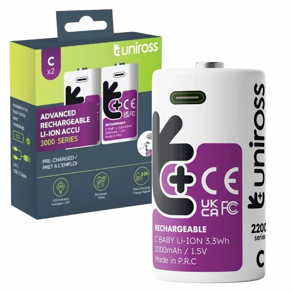 Pilha Recarregável R14 D 1.5V 3000mAh C/ USB-C 2x 1