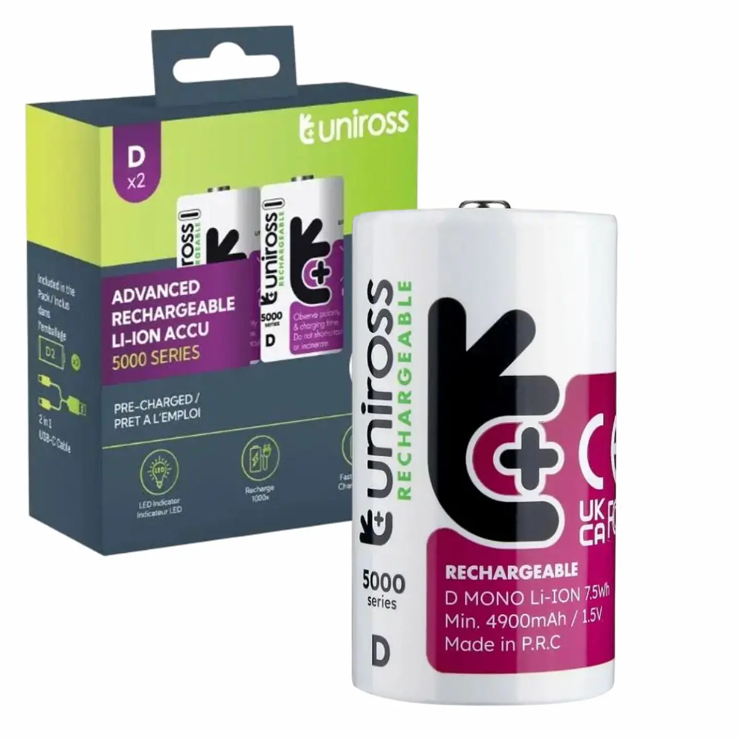 Pilha Recarregável LR20 D 1.5V 5000mAh 2x C/ USB-C 1