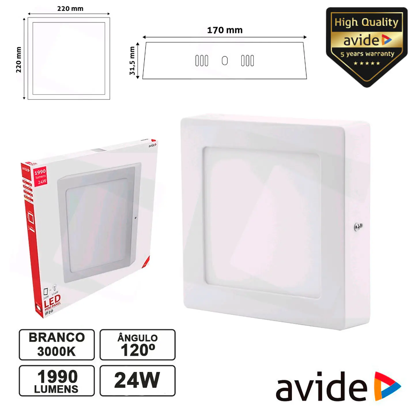 PAINEL LEDS QUADRADO SUPERFÍCIE 24W 300MM 3000K 1990LM AVIDE 1