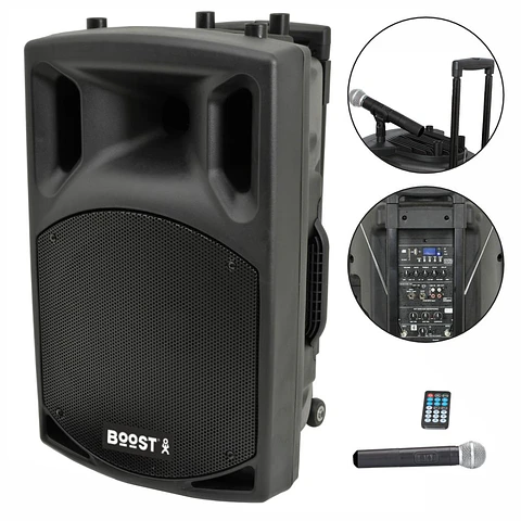 Coluna Amplificada 15" 800W USB/BT/SD/Bat Vhf Preta BOOST