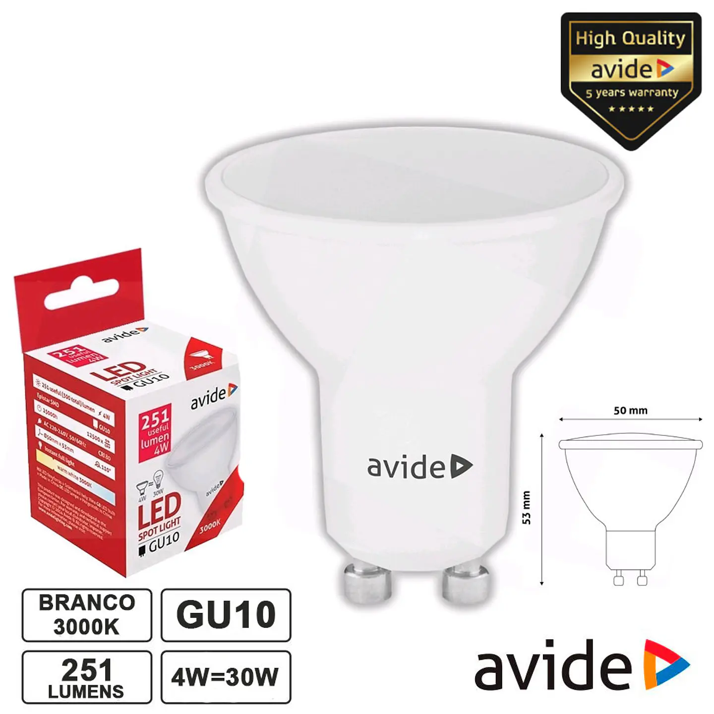LÂMPADA LED GU10 SPOT 4W 230V 3000K 251LM AVIDE 1