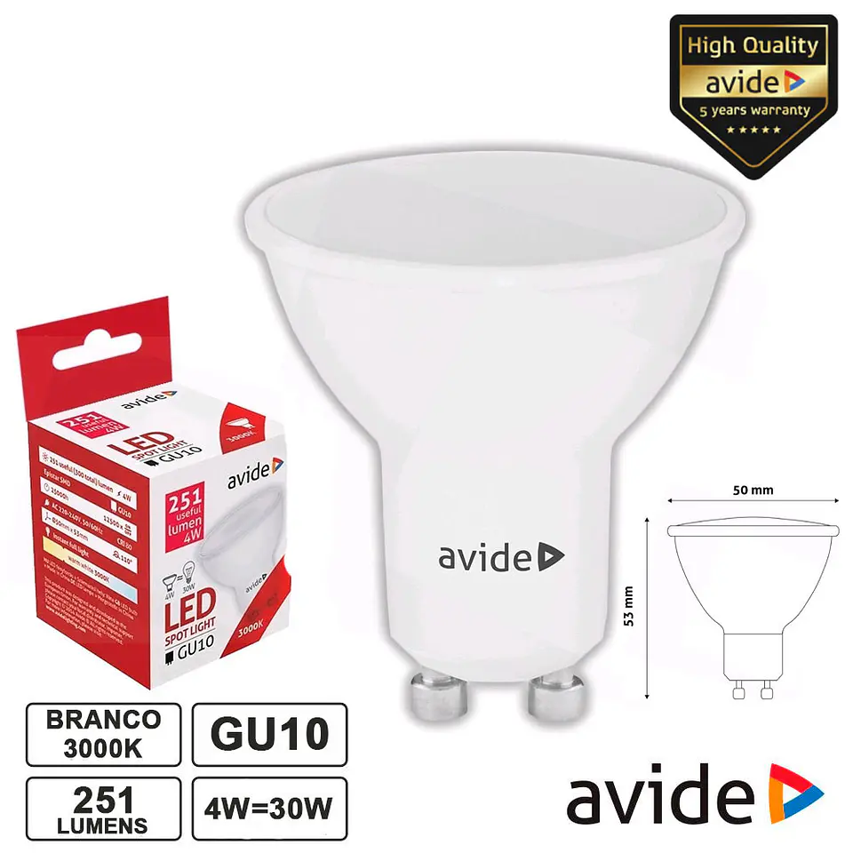 LÂMPADA LED GU10 SPOT 4W 230V 3000K 251LM AVIDE 1