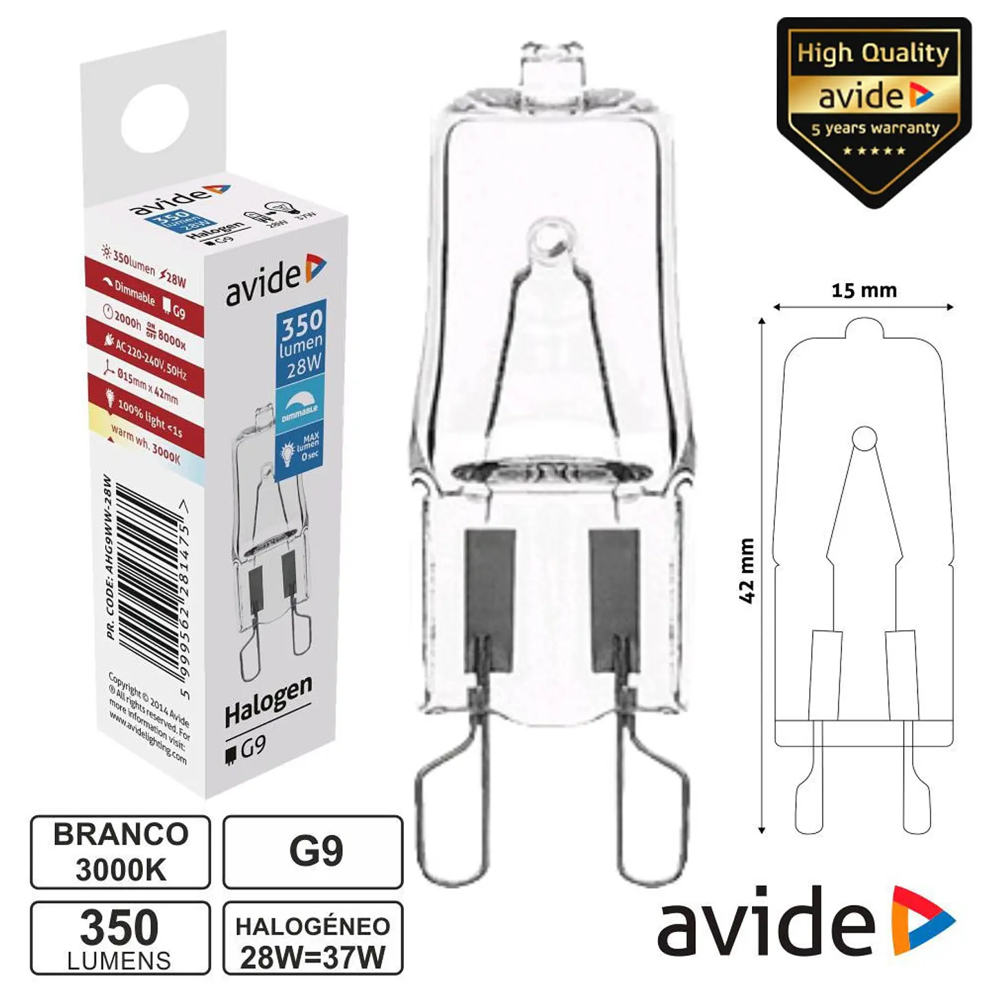 LÂMPADA G9 28W=37W 230V HALOGÉNEO 350LM AVIDE 1