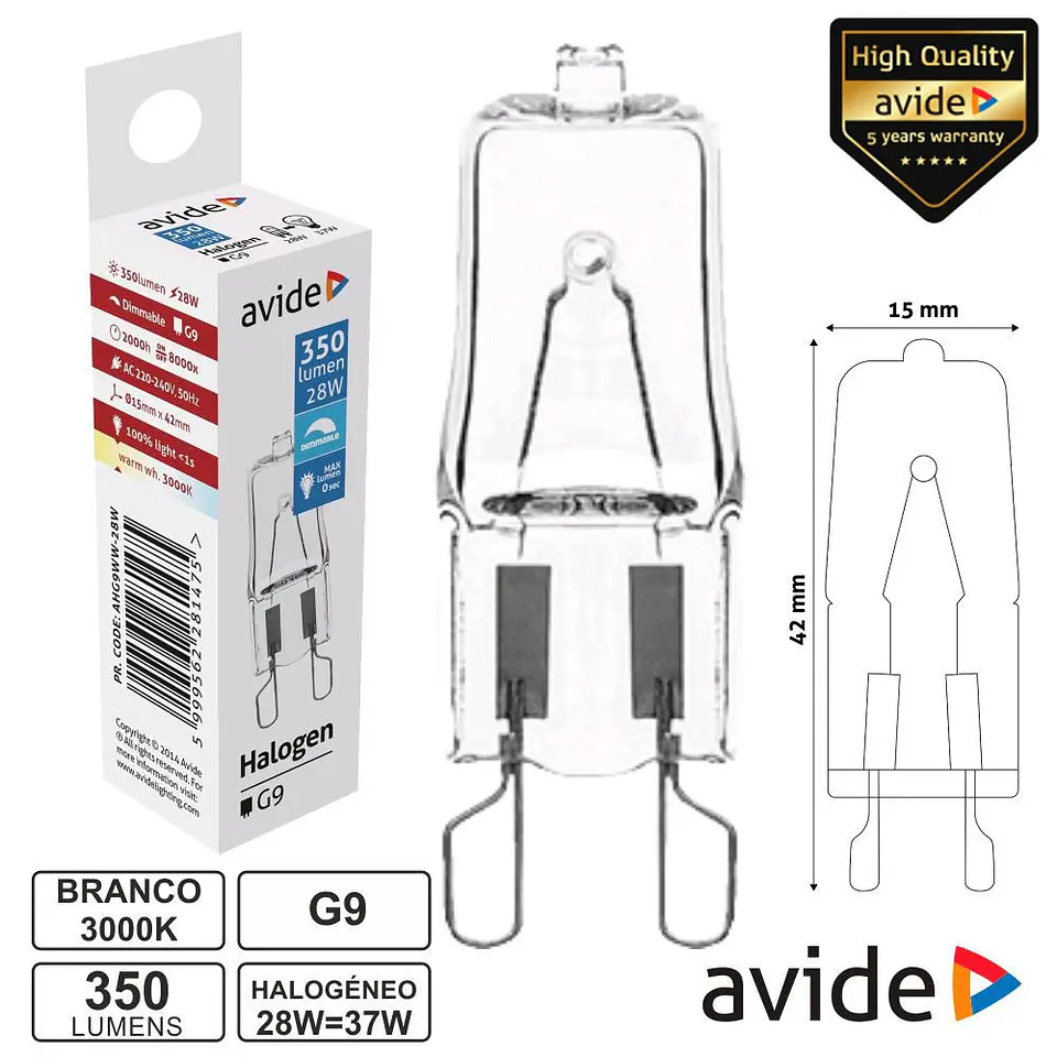 LÂMPADA G9 28W=37W 230V HALOGÉNEO 350LM AVIDE 1