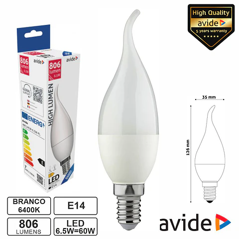 Lâmpada LED E14 Vela 6.5W 230V 6400K 806lm AVIDE