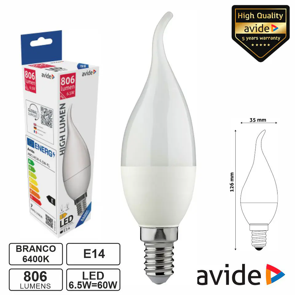 Lâmpada LED E14 Vela 6.5W 230V 6400K 806lm AVIDE 1