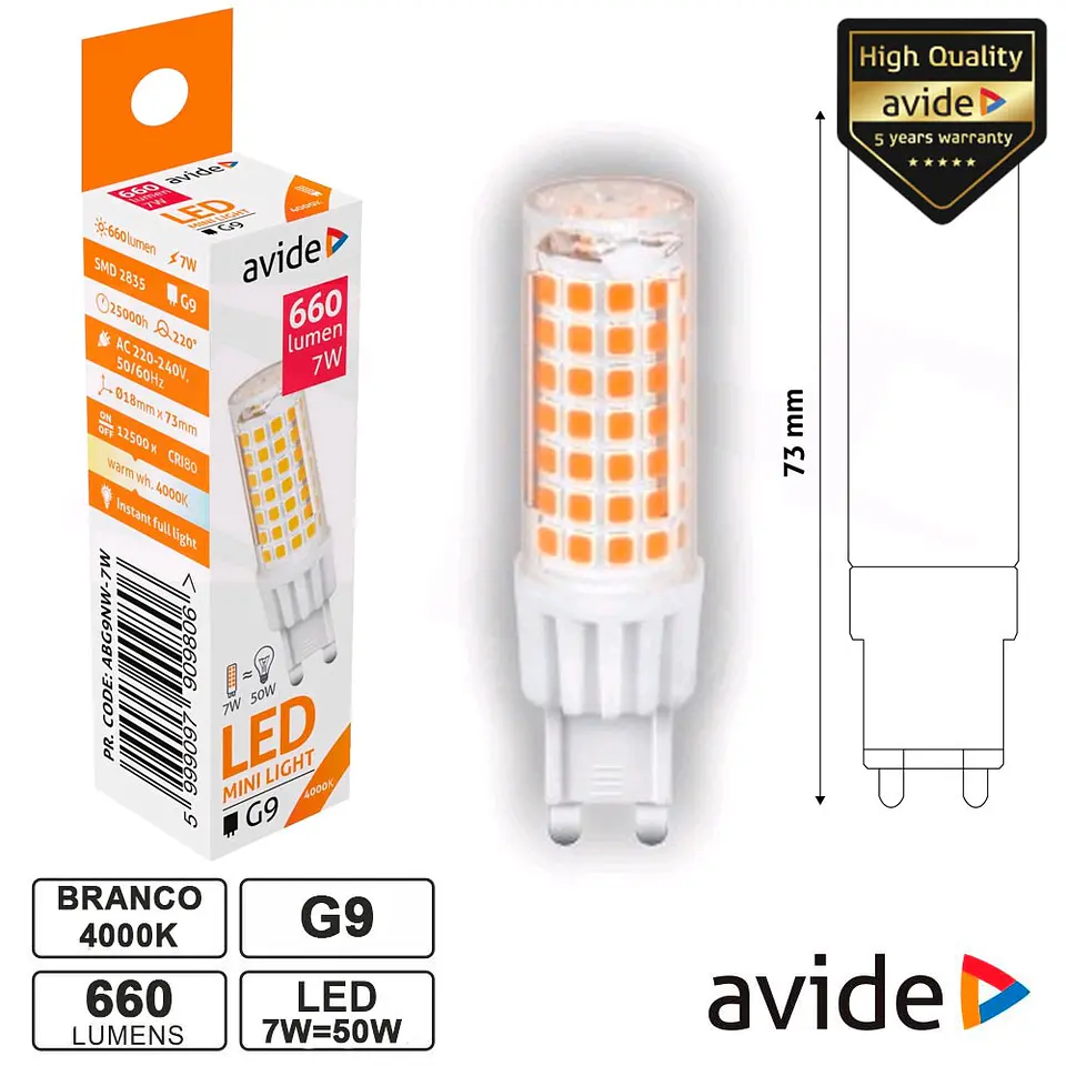 LÂMPADA LED G9 7W 230V 4000K 660LM AVIDE 1