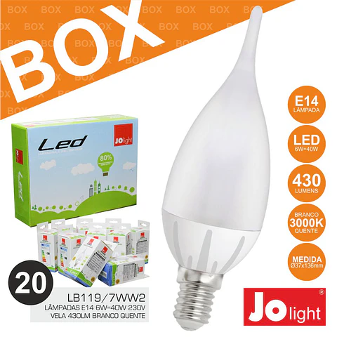 BOX 20 LÂMPADAS E14 6W=40W 230V VELA BRANCO QUENTE JOLIGHT