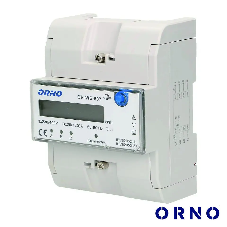 Contador de Energia 230V/120A 3 Módulos P/ Calha Din ORNO 1