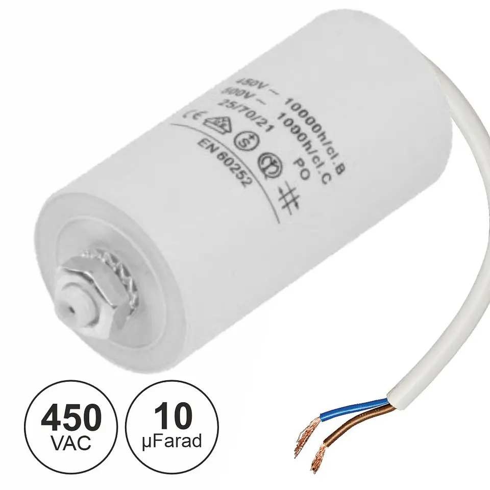 Condensador Arranque 10uf 450V + Terra C/ Fios 1