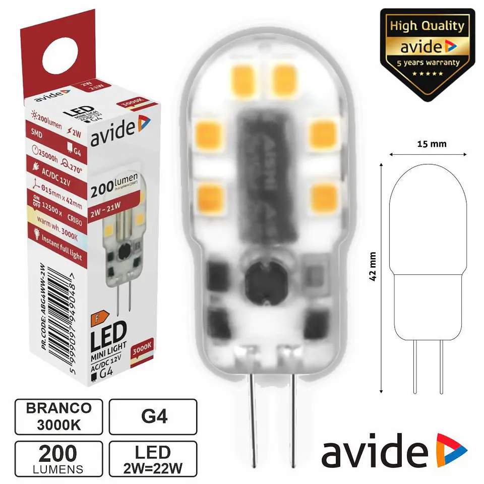 Lâmpada LED G4 2W 12V 3000K 200lm AVIDE 1