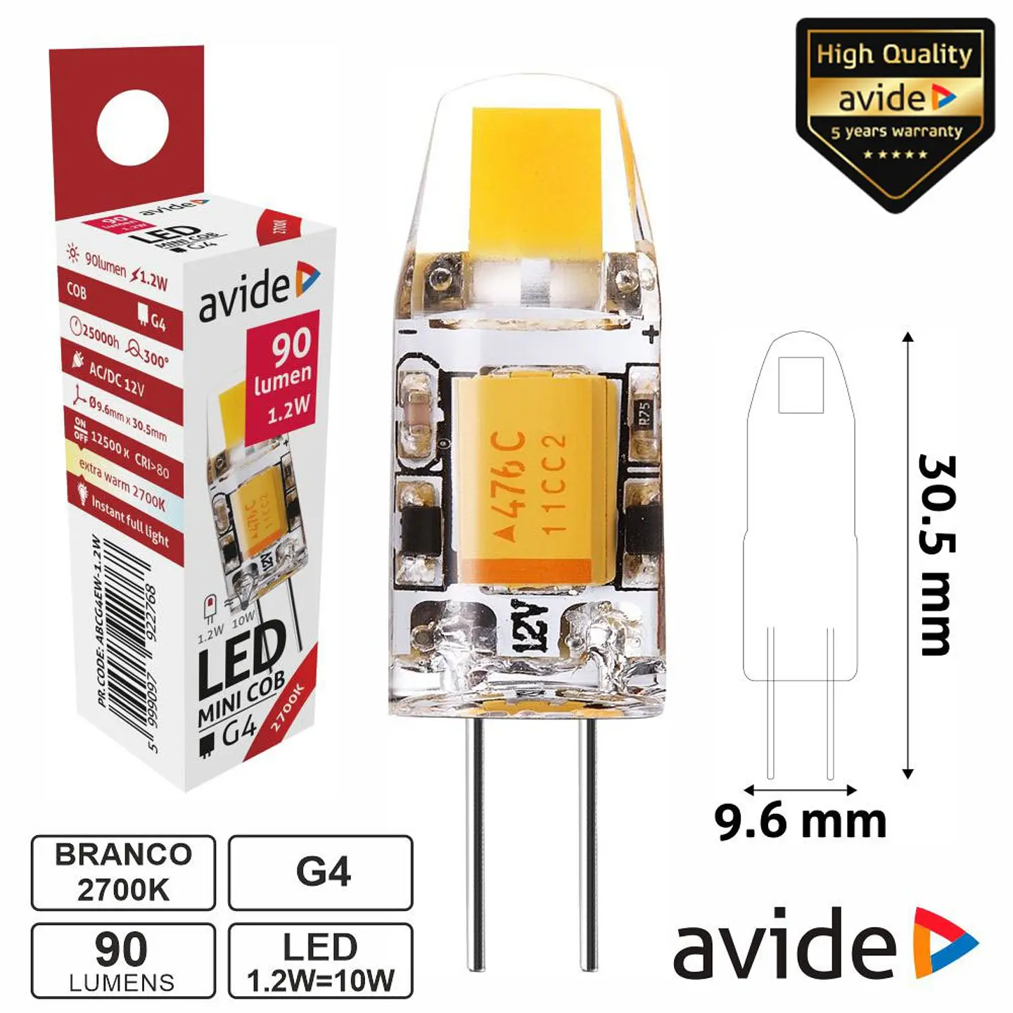 Lâmpada LED G4 1.2W 12V 2700k 90lm AVIDE 1