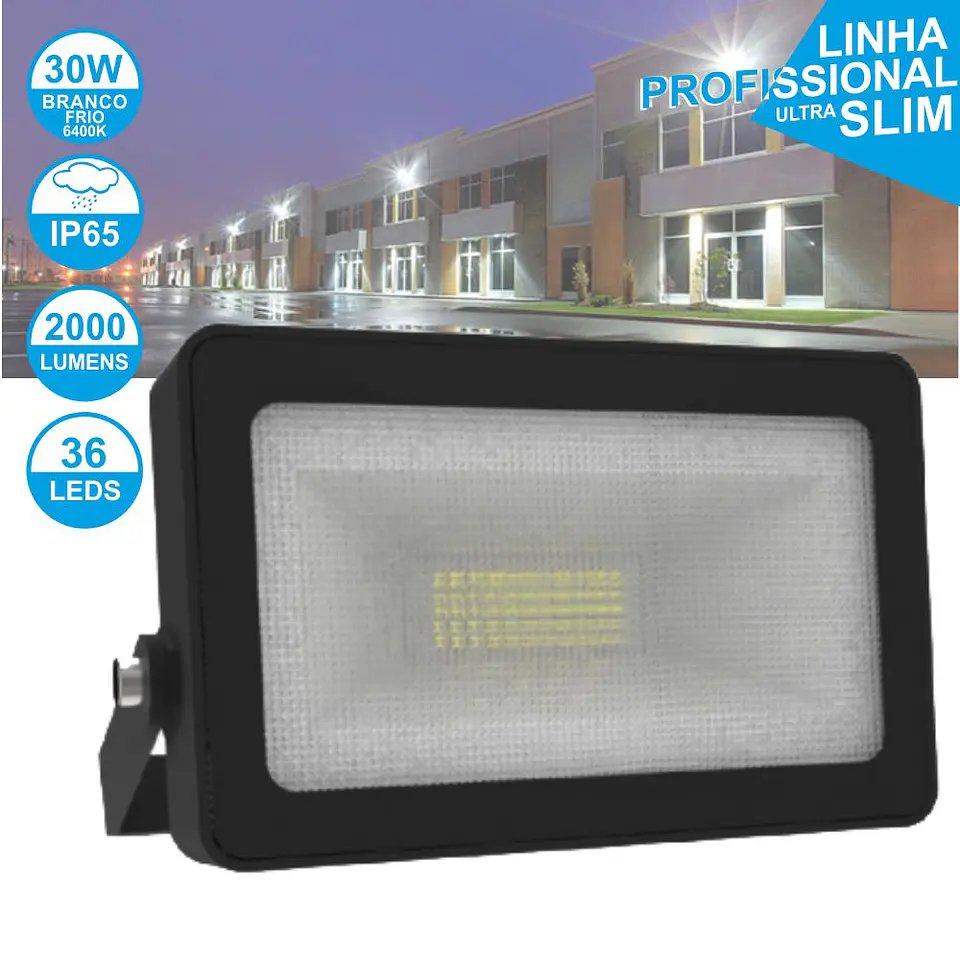 FOCO LED 30W 230V BRANCO FRIO 2000LM IP65 SLIM PRETO 1