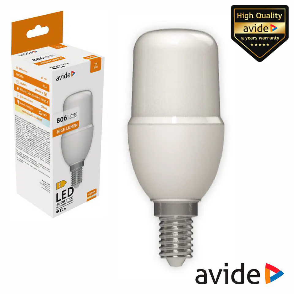 Lâmpada LED E14 Stick T37 7W 230V 4000K 806lm AVIDE 1