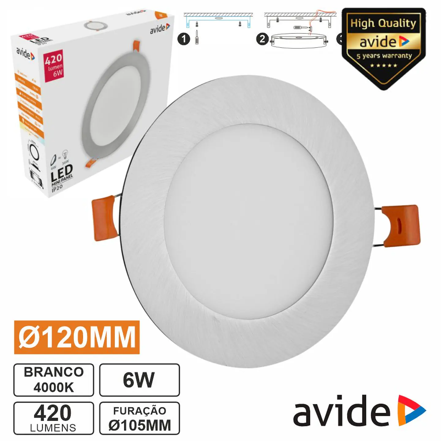 Painel LEDS Redondo 6W 120mm 4000K 420lm AVIDE 1