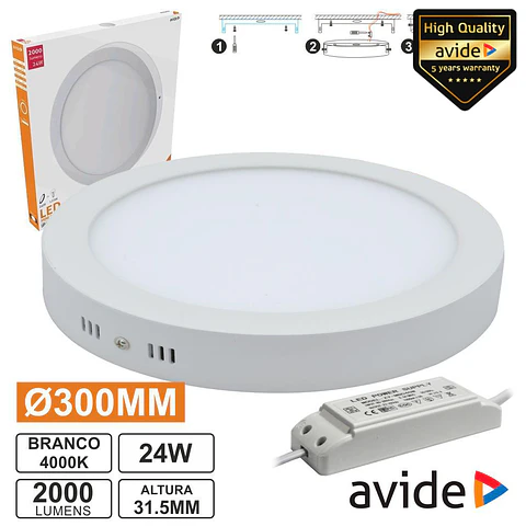 PAINEL LEDS REDONDO SUPERFÍCIE 24W 300MM 4000K 2000LM AVIDE