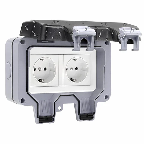 Tomada Elétrica Dupla Superfície 2x Schuko IP66
