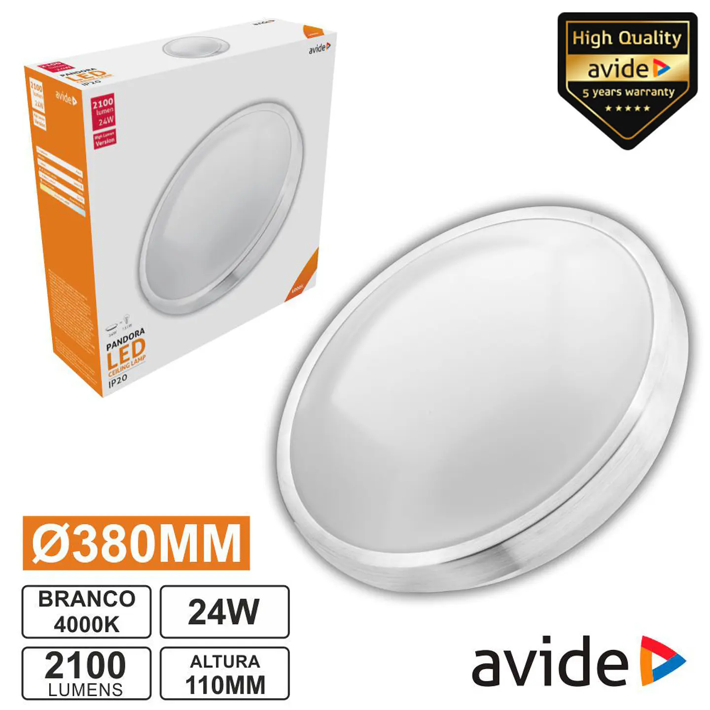 Aplique LED Redondo Teto 24W 380mm 4000K 2100lm AVIDE 1