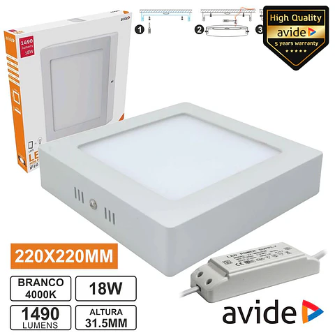 PAINEL LEDS QUADRADO SUPERFÍCIE 18W 220MM 4000K 1490LM AVIDE