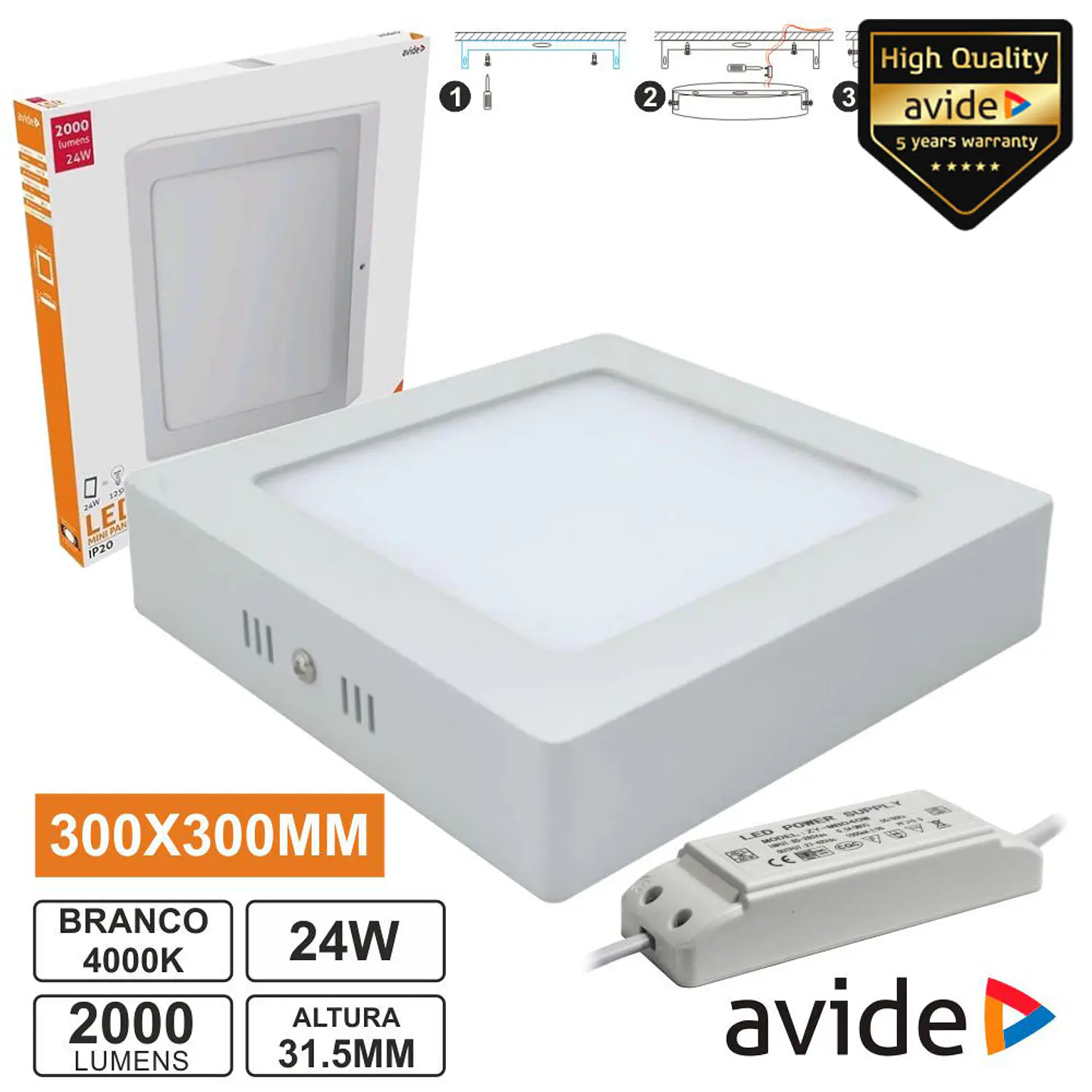 PAINEL LEDS QUADRADO SUPERFÍCIE 24W 300MM 4000K 2000LM AVIDE 1