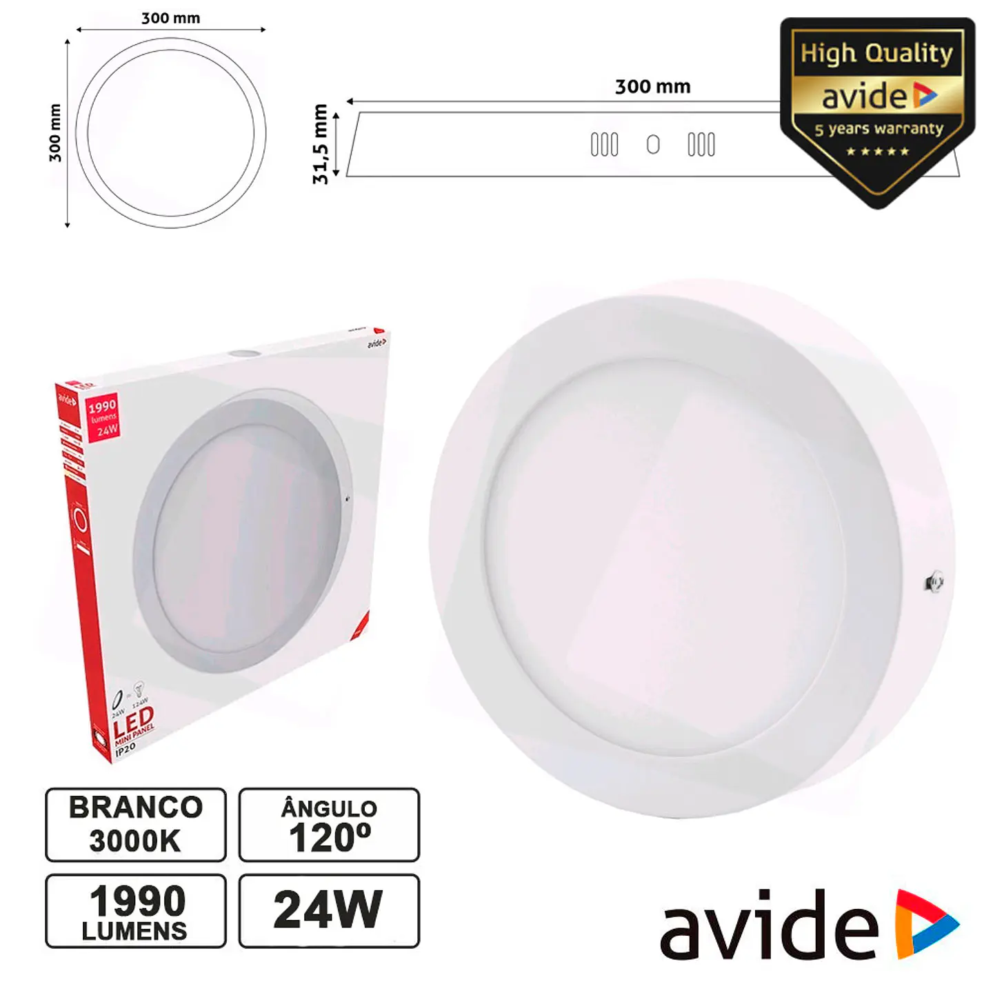 PAINEL LEDS REDONDO SUPERFÍCIE 24W 300MM 3000K 1990LM AVIDE 1