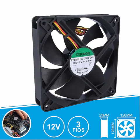 Ventoinha 12VDC 120x120x25mm 3 Fios EEC0251B3-000U-G99 SUNON