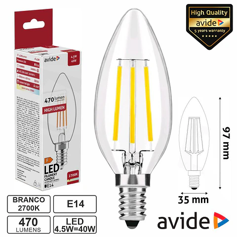 Lâmpada LED E14 Vela Filamento 4.5W 230V 2700K 470lm AVIDE
