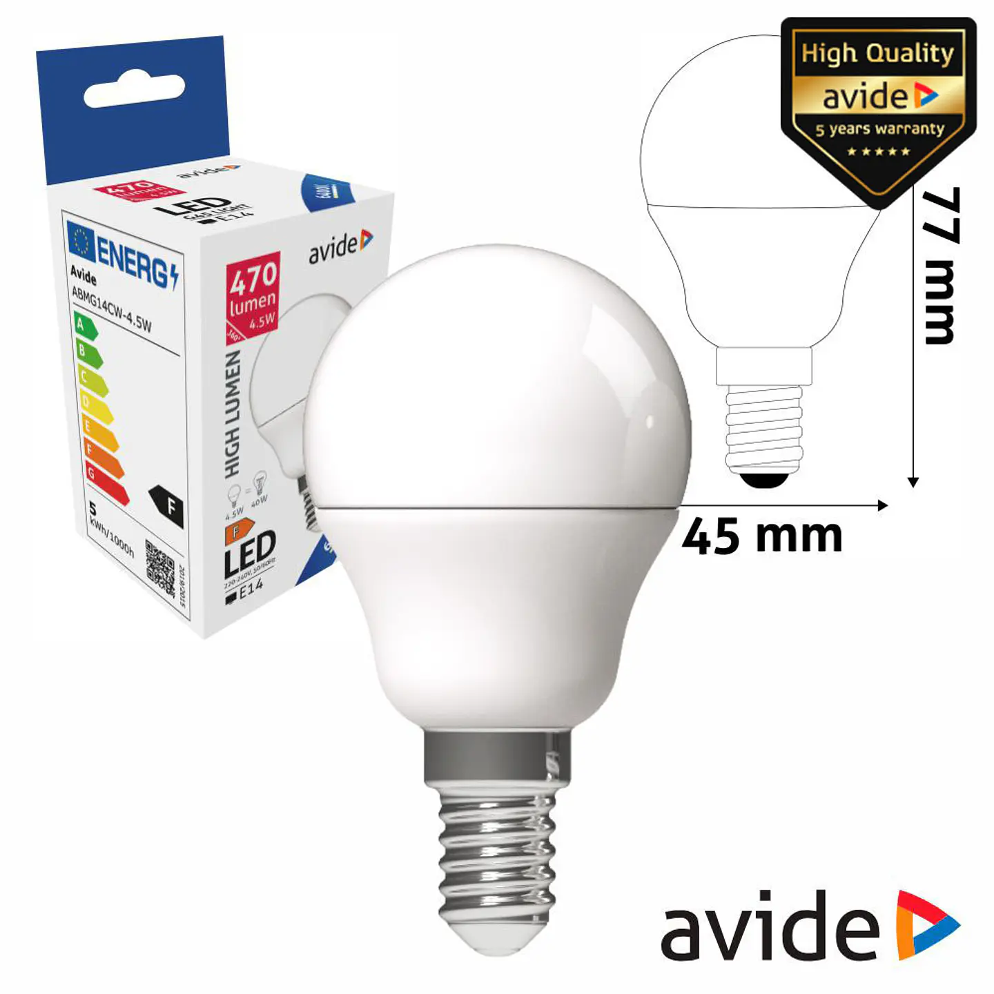 Lâmpada LED E14 Globo G45 4.5W 230V 6400K 470lm AVIDE 1