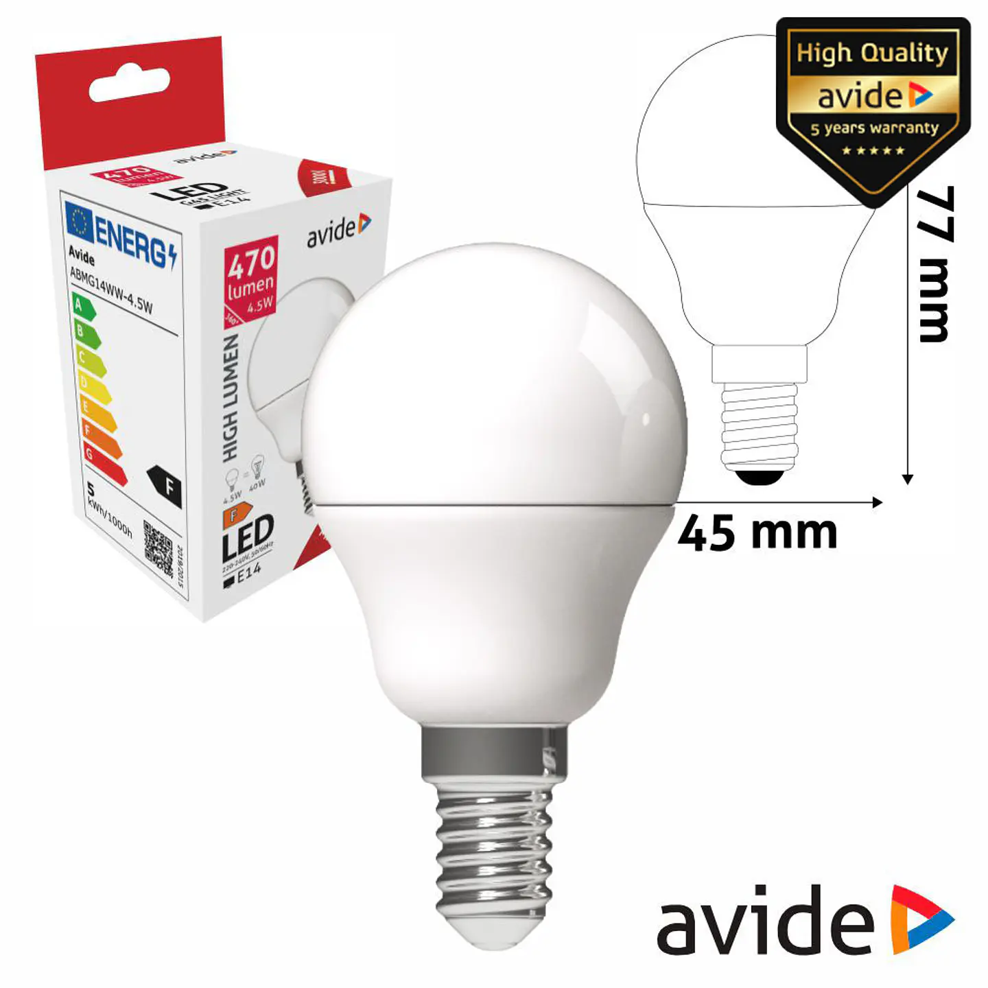 Lâmpada LED E14 Globo G45 4.5W 230V 3000K 470lm AVIDE 1