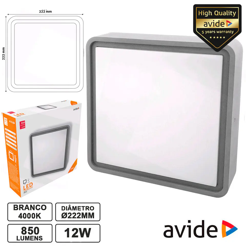 PAINEL LEDS QUADRADO 12W 222MM 4000K 850LM IP54 AVIDE 1
