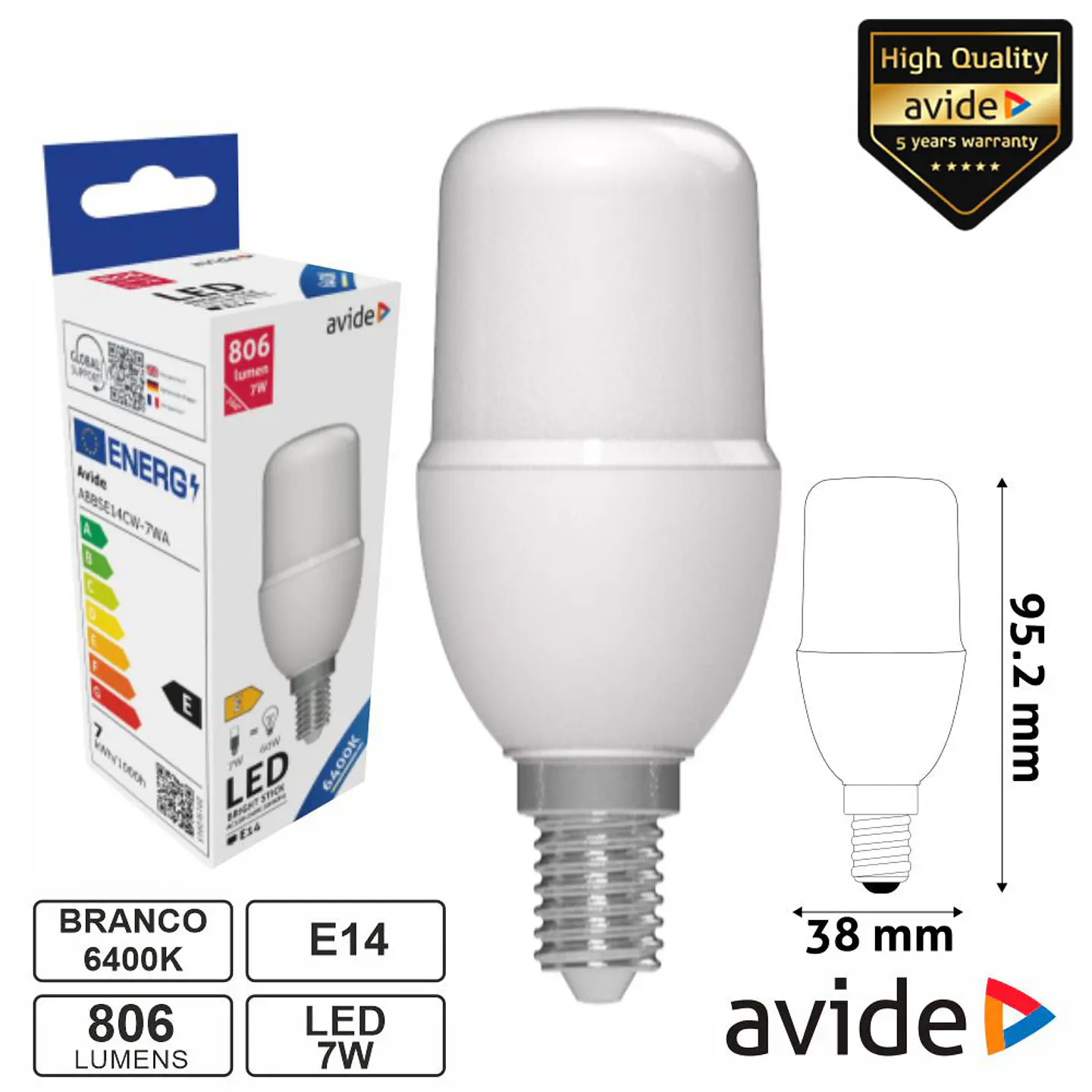 Lâmpada LED E14 Stick T37 7W 230V 6400K 806lm AVIDE 1