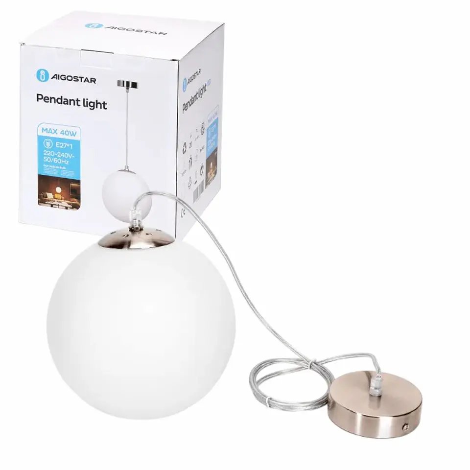 Candeeiro Teto E27 Globo de Vidro 1.6m Branco 1