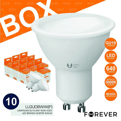 BOX 10 LÂMPADAS GU10 8W=50W 230V LED BRANCO QUENTE 640LM