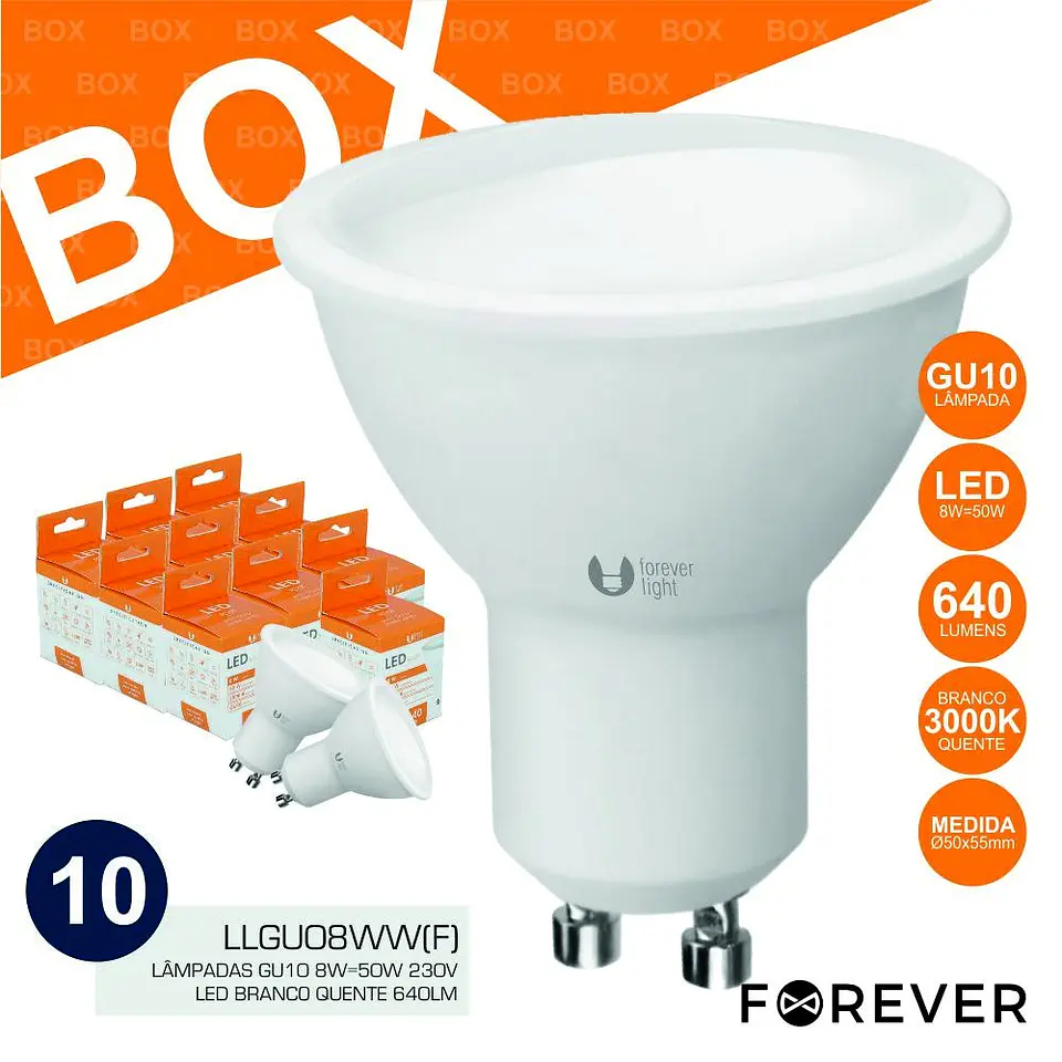 BOX 10 LÂMPADAS GU10 8W=50W 230V LED BRANCO QUENTE 640LM 1
