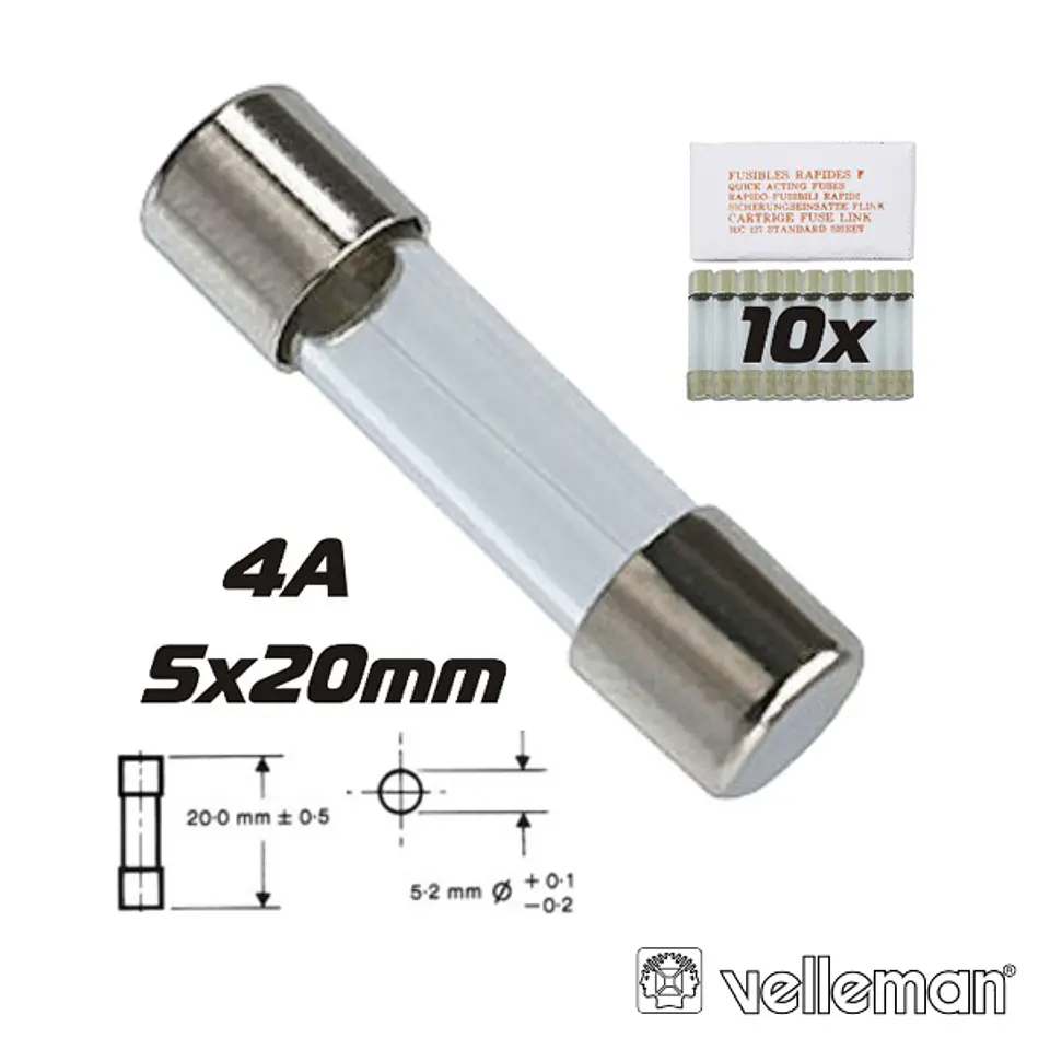 FUSÍVEL 5X20 FUSÃO LENTA 4A (10X) VELLEMAN 1