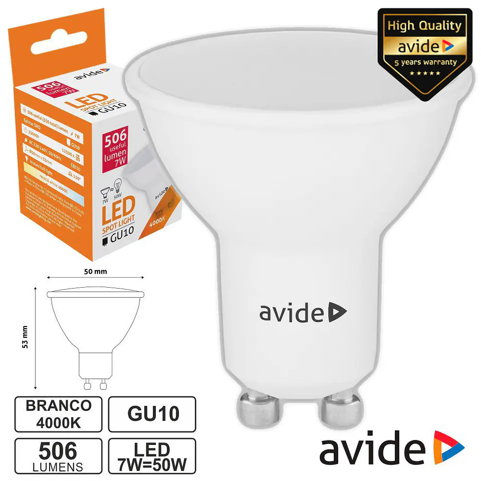 LÂMPADA LED GU10 SPOT 7W 230V 4000K 506LM AVIDE 1