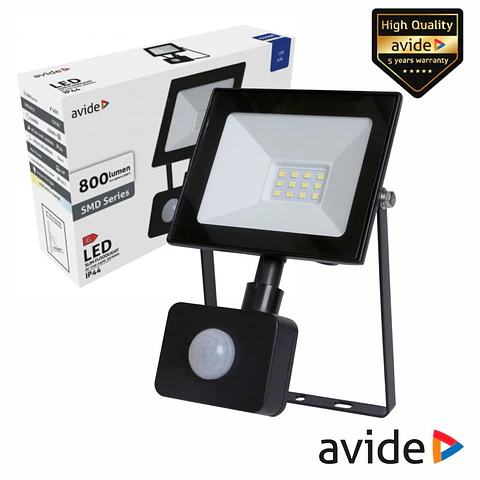 Foco LED 10W 230V C/ Sensor 6400K 800lm Preto IP44 AVIDE