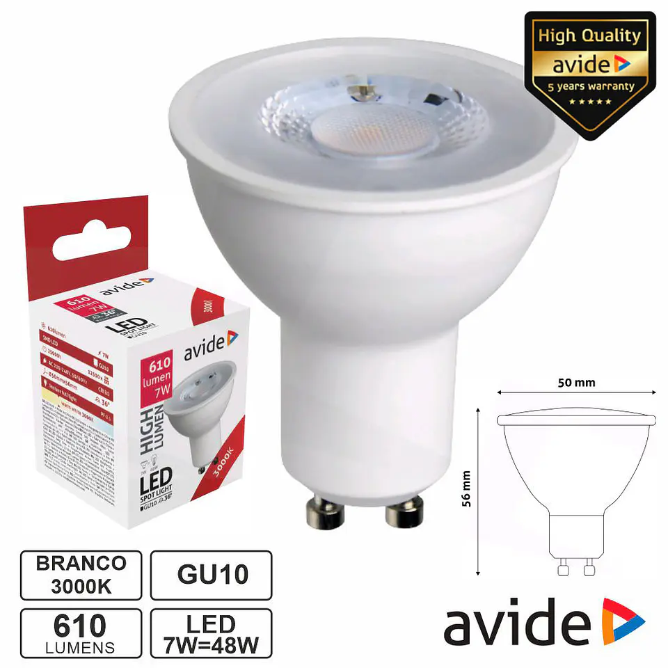Lâmpada LED GU10 Spot 36º 7W 230V 3000K 610lm AVIDE 1