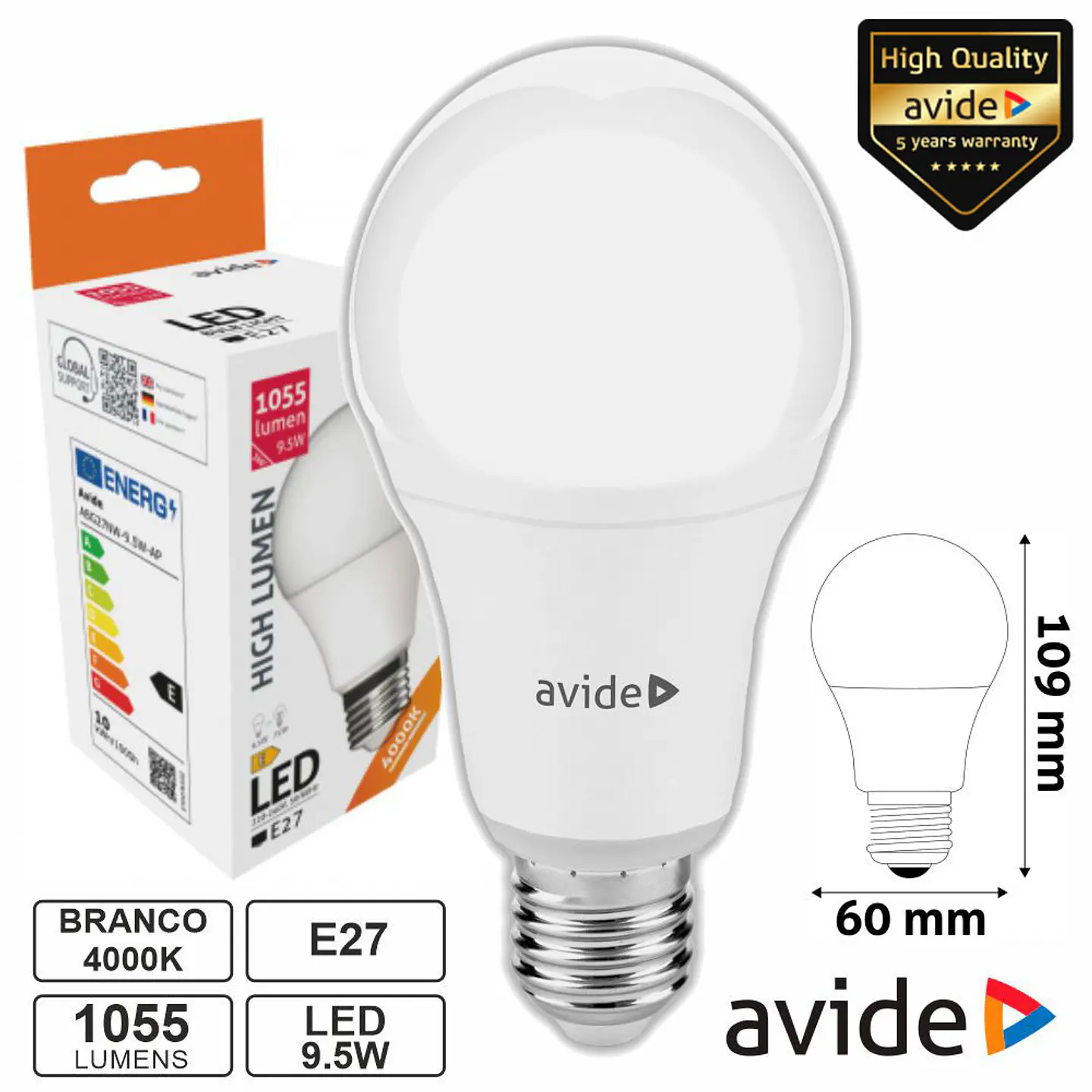 Lâmpada LED E27 Globo A60 9.5W 230V 4000K 1055lm AVIDE 1
