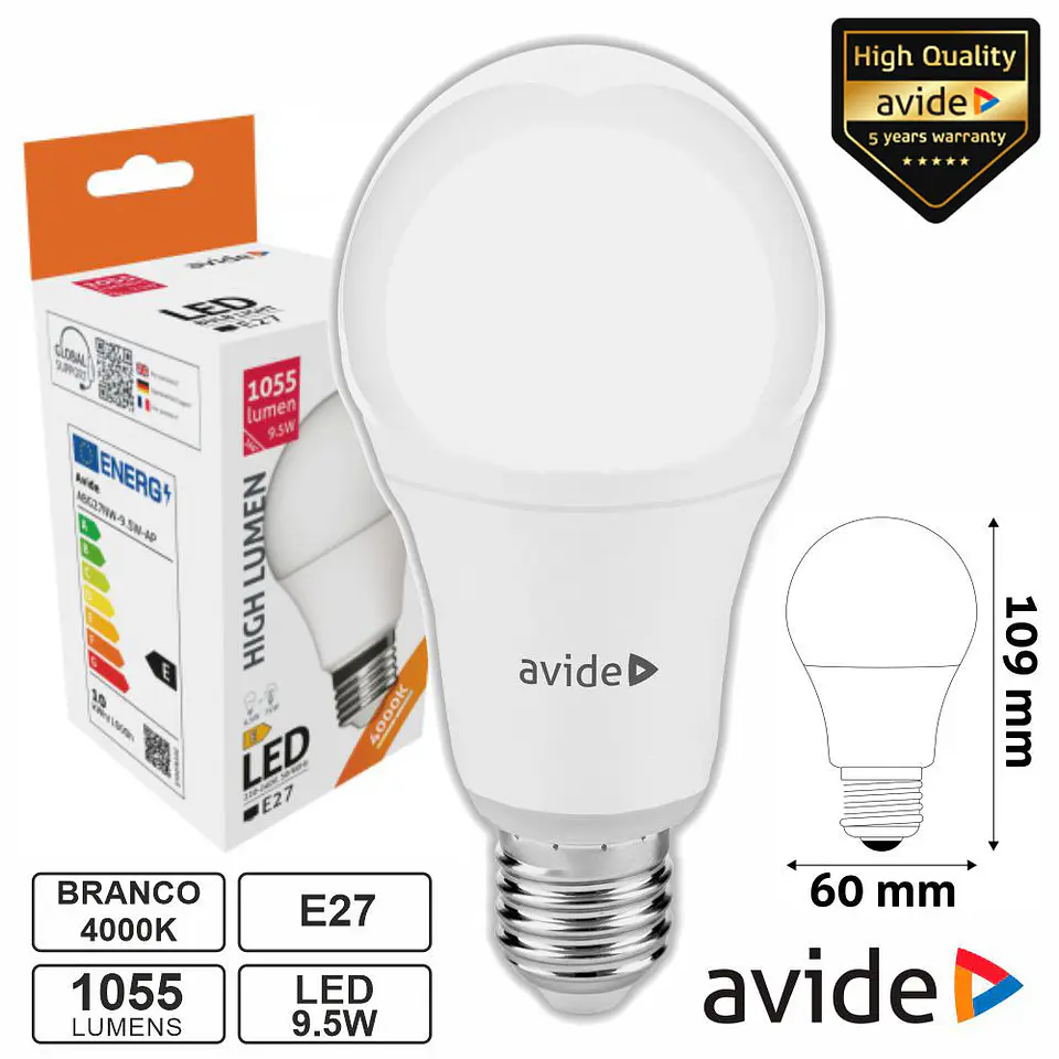 Lâmpada LED E27 Globo A60 9.5W 230V 4000K 1055lm AVIDE 1