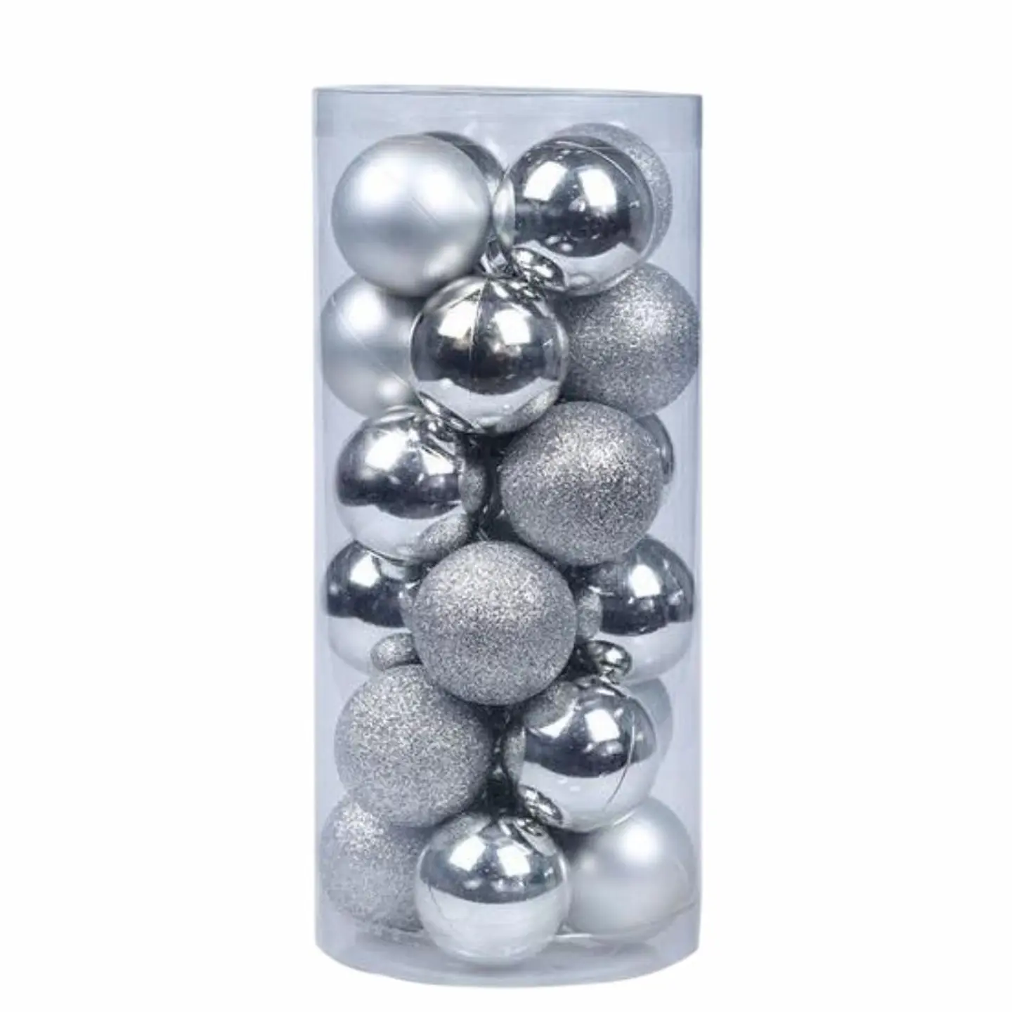Conjunto 24 Bolas De Natal Prateado Caixa Cilindrica 1