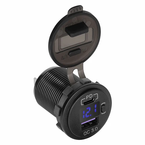 Tomada Dupla USB-A / USB-C de Embutir C/ Voltímetro QC3.0