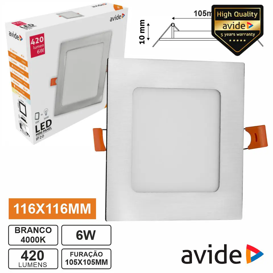 Painel LEDS Quadrado 6W 116mm 4000K 420lm AVIDE 1